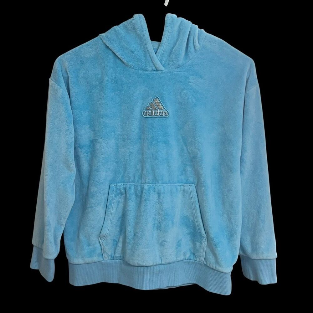 Adidas Girls Hoodie Size L (14) Light Blue Fleece Pullover Sweatshirt Kids